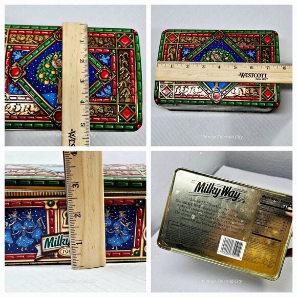 Vtg Retro Tin Box Milky Way 1998 Canister 12 Days Christmas Stained Glass Chest - Picture 4 of 15
